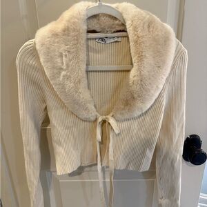 Zara Cream Faux Fur Collar Cardigan